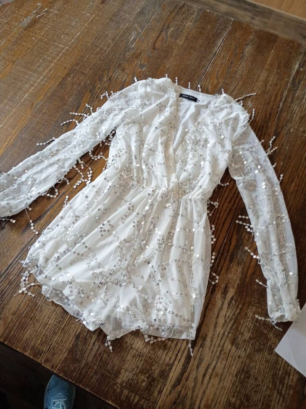 XS Miss Ord White Silver Sequin Romper Long Sheer Sleeves Special Occasion